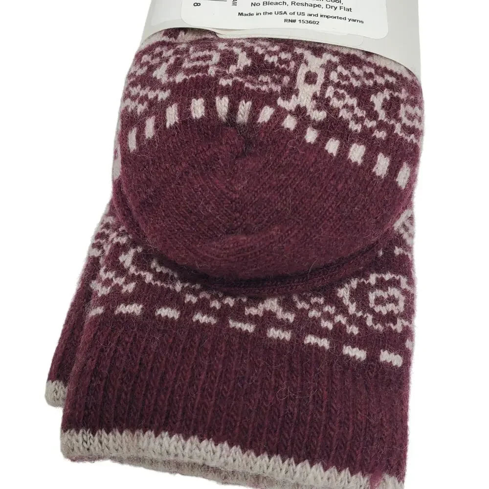 Garnet Hill Fair Isle Socks 9-11 Warm Wool Cashmere Blend Soft Crew Maroon Cream